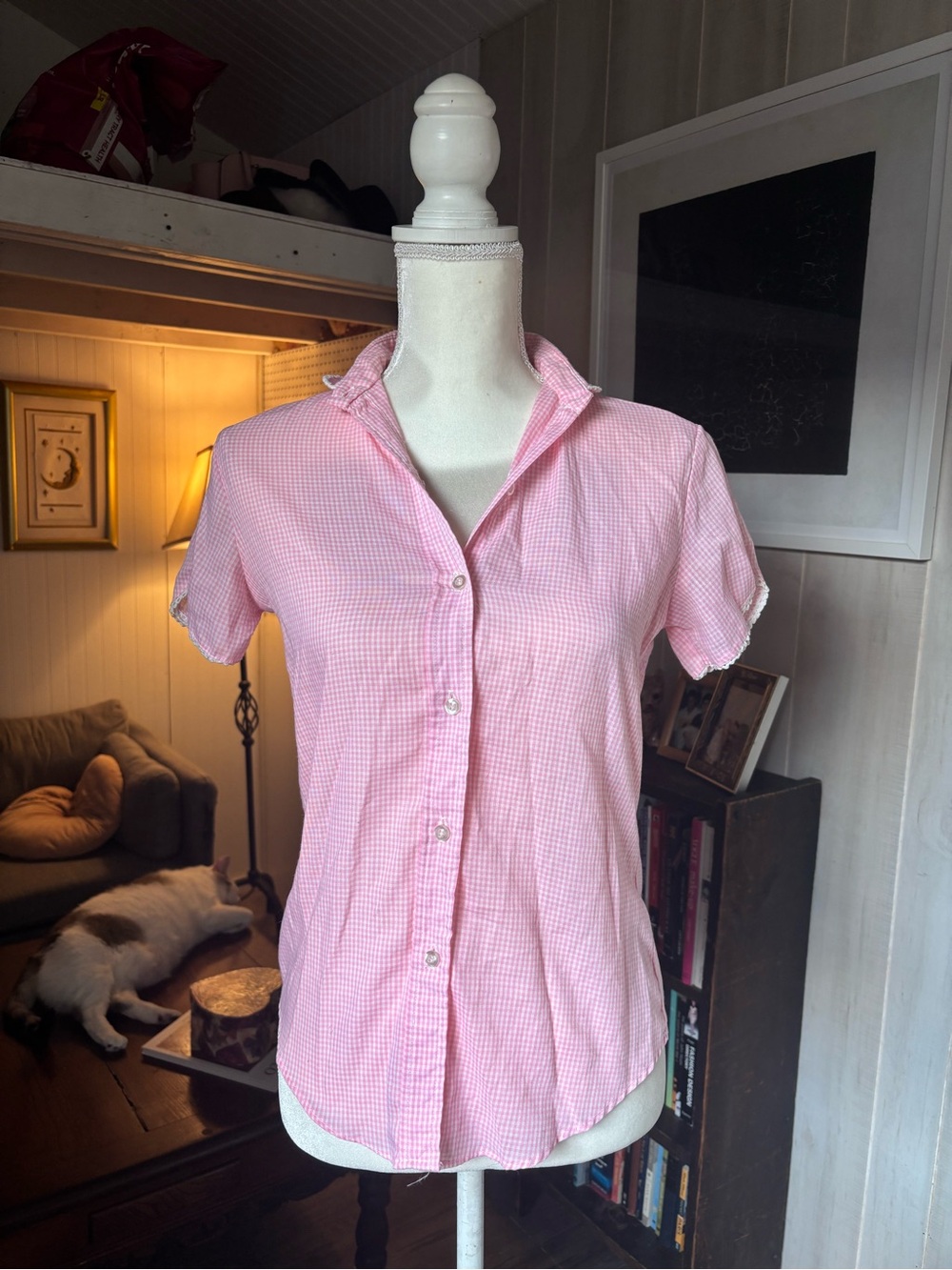 Pink Gingham Button-Up Collared Shirt